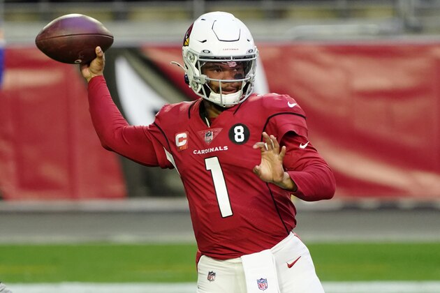 Arizona Cardinals quarterback Kyler Murray (1) throws during the first half of an NFL football game against the San Francisco 49ers, Saturday, Dec. 26, 2020, in Glendale, Ariz. (AP Photo/Rick Scuteri)