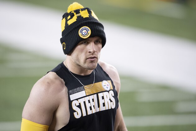 Pittsburgh Steelers outside linebacker T.J. Watt (90) prior to an NFL football game against the Cincinnati Bengals, Monday, Dec. 21, 2020, in Cincinnati. (AP Photo/Emilee Chinn)