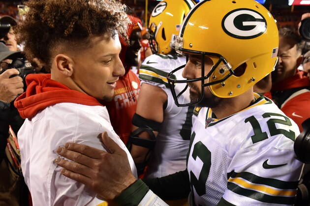 Injured Kansas City Chiefs quarterback Patrick Mahomes, left, meets with Green Bay Packers quarterback Aaron Rodgers (12) following an NFL football game in Kansas City, Mo., Sunday, Oct. 27, 2019. The Green Bay Packers won 31-24. (AP Photo/Ed Zurga) Injured Kansas City Chiefs quarterback Patrick Mahomes, left, meets with Green Bay Packers quarterback Aaron Rodgers (12) following an NFL football game in Kansas City, Mo., Sunday, Oct. 27, 2019. The Green Bay Packers won 31-24. (AP Photo/Ed Zurga)