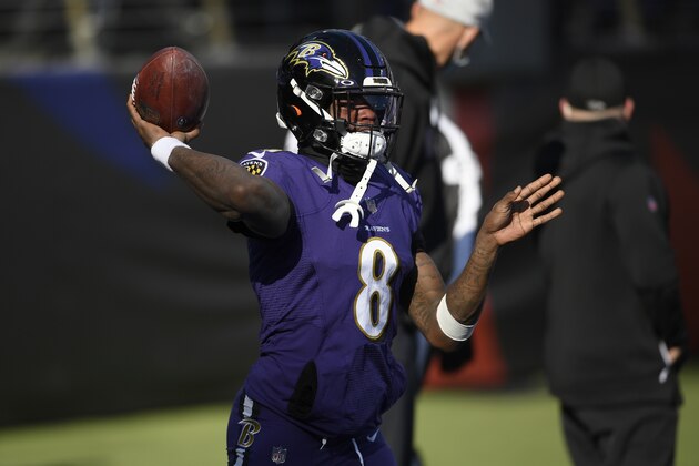 Baltimore Ravens quarterback Lamar Jackson (8) warms up prior to an NFL football game against the New York Giants, Sunday, Dec. 27, 2020, in Baltimore. (AP Photo/Nick Wass)