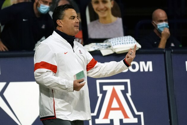 Arizona head coach Sean Miller reacts to a play against Colorado during the first half of an NCAA college basketball game, Monday, Dec. 28, 2020, in Tucson, Ariz. (AP Photo/Rick Scuteri)
