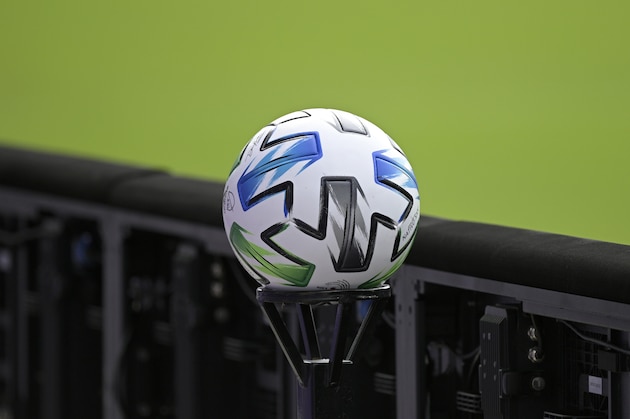 A ball sits on a stand next to the pitch during the first half of an MLS soccer playoff match between Orlando City and the New York City FC, Saturday, Nov. 21, 2020, in Orlando, Fla. (AP Photo/Phelan M. Ebenhack) A ball sits on a stand next to the pitch during the first half of an MLS soccer playoff match between Orlando City and the New York City FC, Saturday, Nov. 21, 2020, in Orlando, Fla. (AP Photo/Phelan M. Ebenhack)