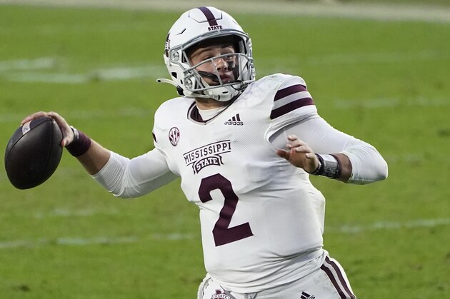 Mississippi State quarterback Will Rogers (2) throws a pass against Mississippi during the second half of an NCAA college football game, Saturday, Nov. 28, 2020, in Oxford, Miss. Mississippi won 31-24. (AP Photo/Rogelio V. Solis)