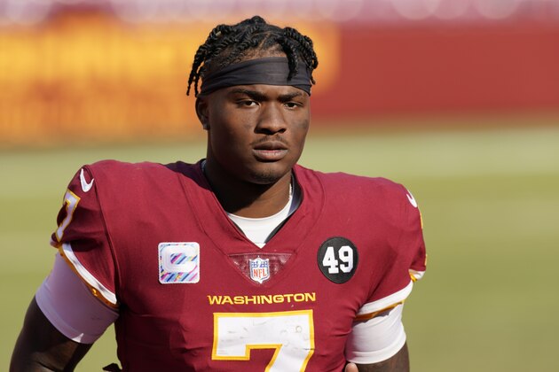 Washington Football Team quarterback Dwayne Haskins (7) leaves the field after an NFL football game against the Baltimore Ravens, Sunday, Oct. 4, 2020, in Landover, Md. The Baltimore Ravens won 31-17. (AP Photo/Steve Helber)