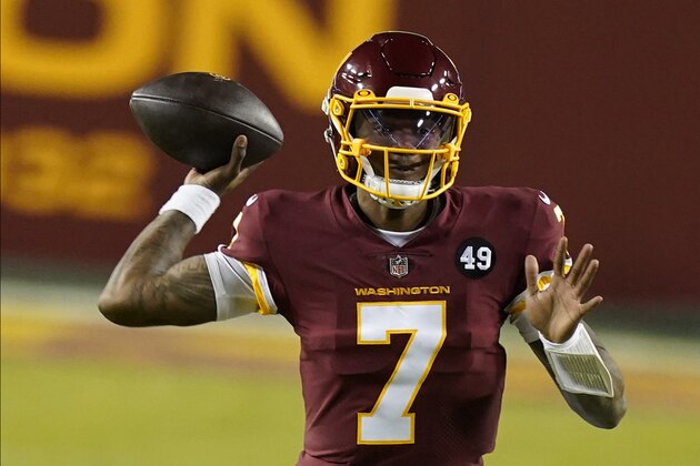 Washington Football Team quarterback Dwayne Haskins (7) passes the ball during the first half of an NFL football game against the Carolina Panthers, Sunday, Dec. 27, 2020, in Landover, Md. (AP Photo/Carolyn Kaster)