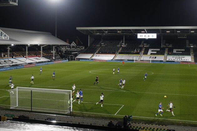 A general view during the English Premier League soccer match between Fulham and Brighton and Hove Albion at Craven Cottage stadium in London, Wednesday, Dec. 16, 2020. (Matthew Childs/Pool via AP)