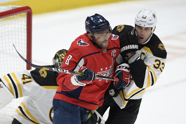 Washington Capitals left wing Alex Ovechkin (8), of Russia, and Boston Bruins defenseman Zdeno Chara (33), of Slovakia, battle for position during the third period of an NHL hockey game, Wednesday, Dec. 11, 2019, in Washington. The Capitals won 3-2. (AP Photo/Nick Wass)