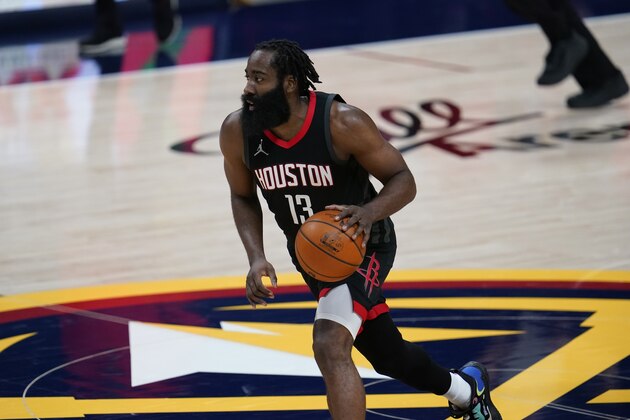 Houston Rockets guard James Harden (13) in the second half of an NBA basketball game Monday, Dec. 28, 2020, in Denver. (AP Photo/David Zalubowski)