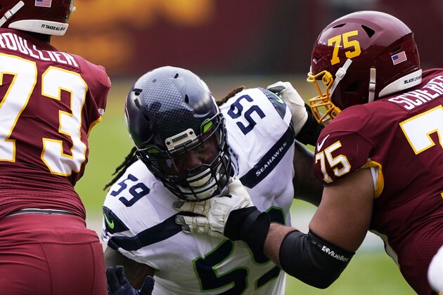 Seattle Seahawks defensive tackle Damon Harrison Sr. (59) is blocked by Washington Football Team offensive guard Brandon Scherff (75) during an NFL football game between the Seattle Seahawks and the Washington Football Team, Sunday, Dec. 20, 2020, in Landover, Md. (AP Photo/Mark Tenally)