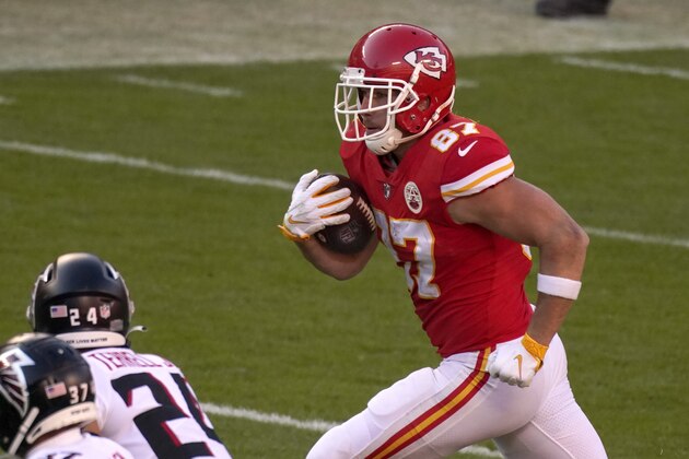 Kansas City Chiefs tight end Travis Kelce runs during the second half of an NFL football game against the Atlanta Falcons Sunday, Dec. 27, 2020, in Kansas City, Mo. (AP Photo/Charlie Riedel)