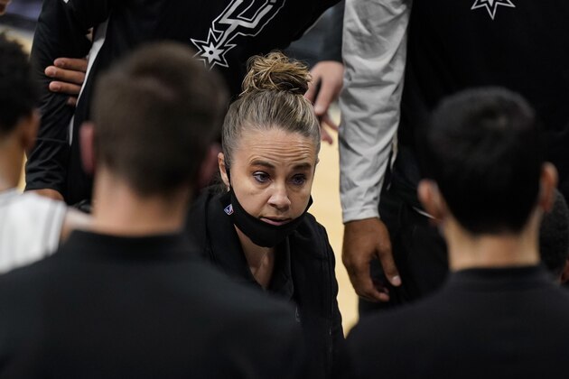 San Antonio Spurs assistant coach Becky Hammon calls a play during a timeout in the second half of the team's NBA basketball game against the Los Angeles Lakers, after coach Gregg Popovich was ejected, Wednesday, Dec. 30, 2020, in San Antonio. (AP Photo/Eric Gay)
