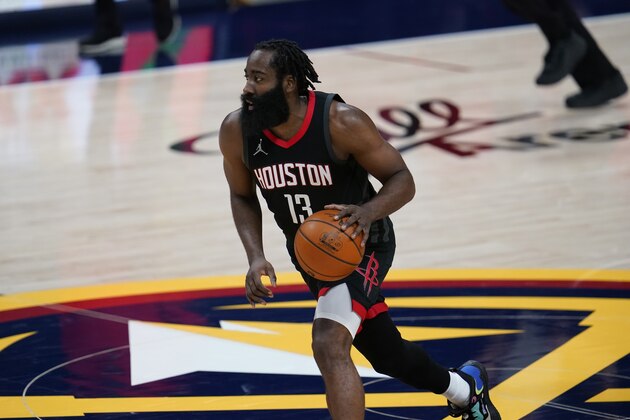 Houston Rockets guard James Harden (13) in the second half of an NBA basketball game Monday, Dec. 28, 2020, in Denver. (AP Photo/David Zalubowski)