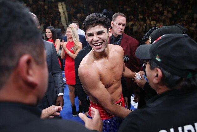 Ryan Garcia celebrates after defeating Romero Duno in a lightweight boxing bout Saturday, Nov. 2, 2019, in Las Vegas. (AP Photo/John Locher)