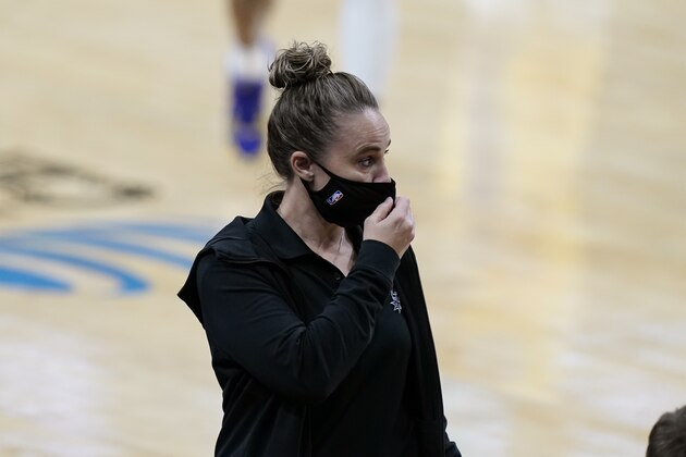 San Antonio Spurs assistant coach Becky Hammon coaches the team in second half of an NBA basketball game against the Los Angeles Lakers after head coach Gregg Popovich was ejected from the game, in San Antonio, Wednesday, Dec. 30, 2020. (AP Photo/Eric Gay)