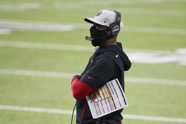 Atlanta Falcons head coach Raheem Morris watches against the Minnesota Vikings during the first half of an NFL football game, Sunday, Oct. 18, 2020, in Minneapolis. (AP Photo/Bruce Kluckhohn)
