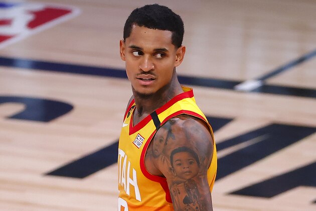 Utah Jazz's Jordan Clarkson reacts after being fouled during the fourth quarter of an NBA basketball game against the Denver Nuggets, Saturday, Aug. 8, 2020, in Lake Buena Vista, Fla. (Kevin C. Cox/Pool Photo via AP)