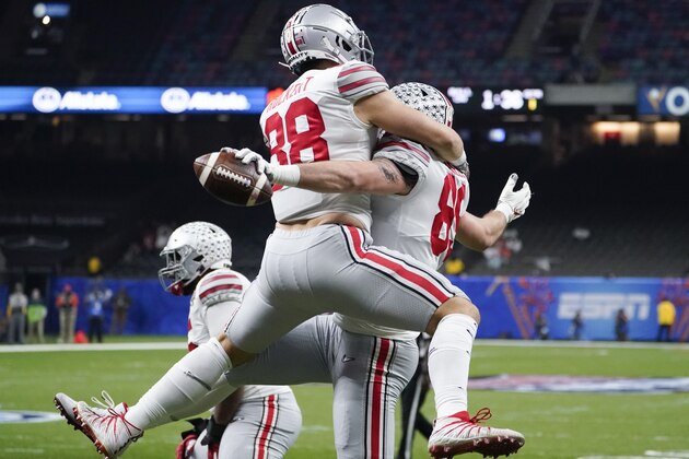 Ohio State tight end Luke Farrell celebrates after scoring with tight end Jeremy Ruckert during the first half of the Sugar Bowl NCAA college football game against Clemson Friday, Jan. 1, 2021, in New Orleans. (AP Photo/John Bazemore) Ohio State tight end Luke Farrell celebrates after scoring with tight end Jeremy Ruckert during the first half of the Sugar Bowl NCAA college football game against Clemson Friday, Jan. 1, 2021, in New Orleans. (AP Photo/John Bazemore)