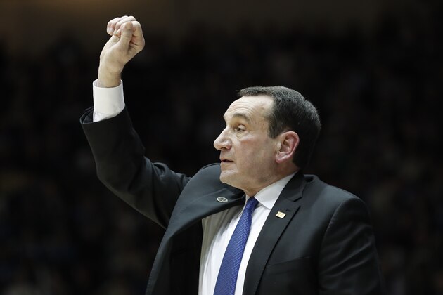 Duke head coach Mike Krzyzewski directs his players during the second half of an NCAA college basketball game against Virginia Tech in Durham, N.C., Saturday, Feb. 22, 2020. (AP Photo/Gerry Broome)
