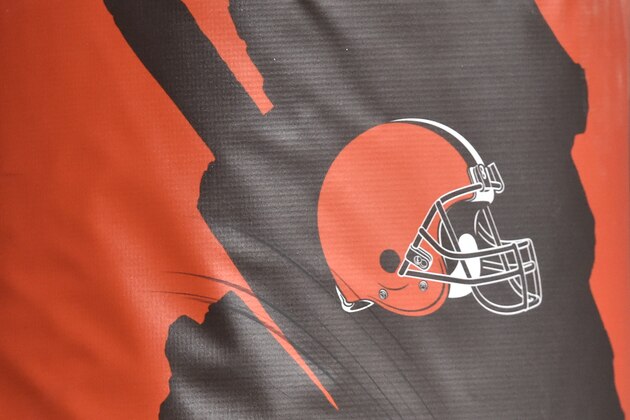A general view of the Cleveland Browns helmet logo on the padding of a goal post before an NFL football game between the Cleveland Browns and the Baltimore Ravens, Monday, Dec. 14, 2020, in Cleveland. The Ravens won 47-42. (AP Photo/David Richard)