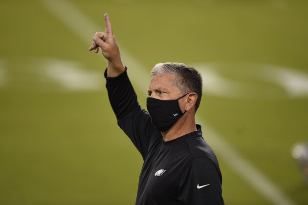 Philadelphia Eagles' Jim Schwartz walks the field before an NFL football game against the New York Giants, Thursday, Oct. 22, 2020, in Philadelphia. (AP Photo/Derik Hamilton)
