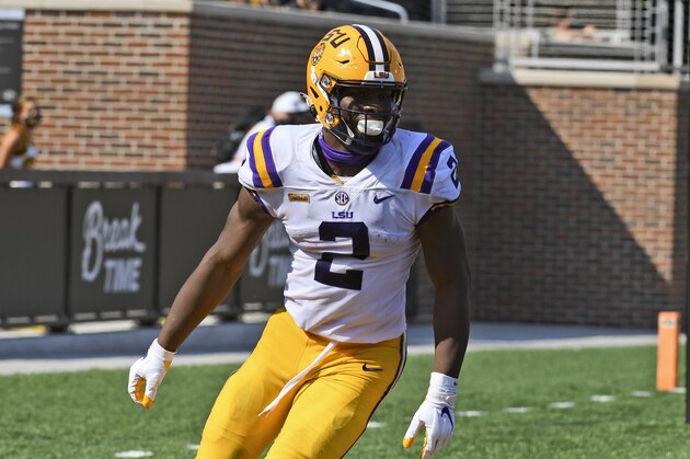 LSU tight end Arik Gilbert celebrates after scoring during the first half of an NCAA college football game against Missouri Saturday, Oct. 10, 2020, in Columbia, Mo. (AP Photo/L.G. Patterson)