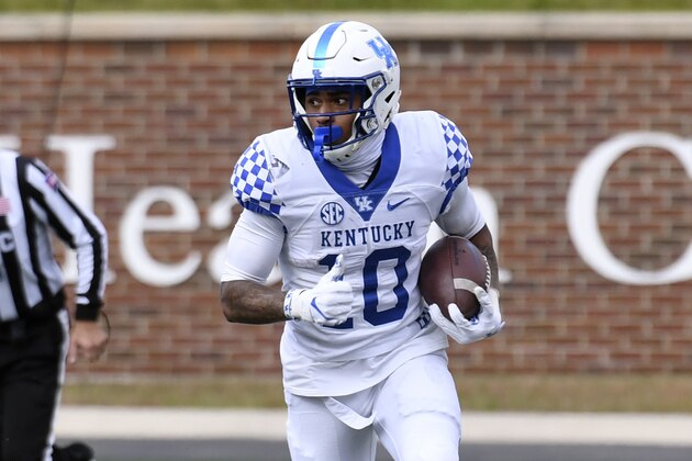 Kentucky running back Asim Rose Jr. runs with the ball during the first half of an NCAA college football game against Missouri Saturday, Oct. 24, 2020, in Columbia, Mo. (AP Photo/L.G. Patterson)