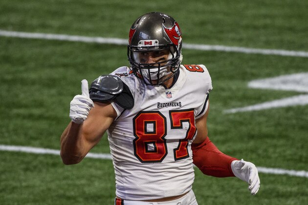 Tampa Bay Buccaneers tight end Rob Gronkowski (87) gives a thumbs up during the second half of an NFL football game against the Atlanta Falcons, Sunday, Dec. 20, 2020, in Atlanta. The Tampa Bay Buccaneers won 31-27. (AP Photo/Danny Karnik)