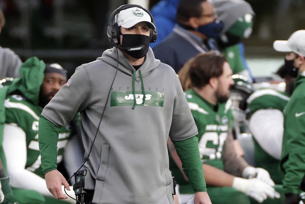 New York Jets head coach Adam Gase looks on during an NFL football game against the Cleveland Browns, Sunday, Dec. 27, 2020, in East Rutherford, N.J. (AP Photo/Adam Hunger)