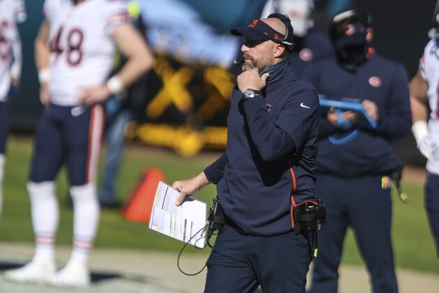 Chicago Bears head coach Matt Nagy during the first half of an NFL football game against the Jacksonville Jaguars, Sunday, Dec. 27, 2020, in Jacksonville, Fla. (AP Photo/Gary McCullough)