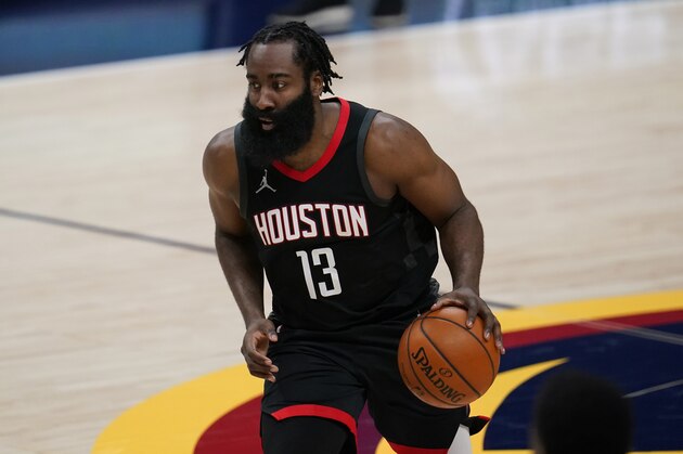 Houston Rockets guard James Harden (13) in the second half of an NBA basketball game Monday, Dec. 28, 2020, in Denver. (AP Photo/David Zalubowski)