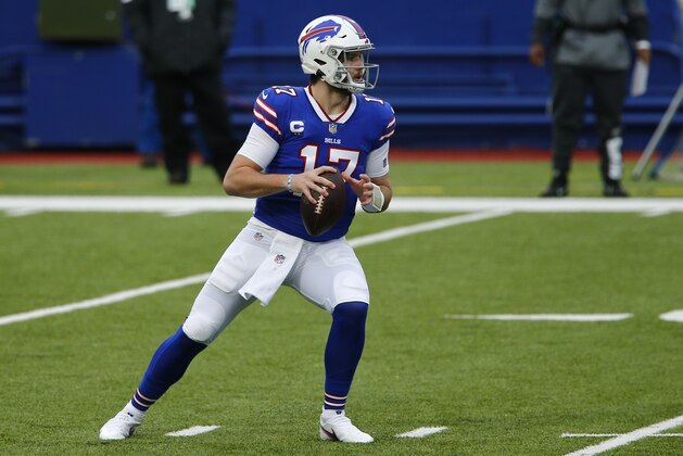 Buffalo Bills quarterback Josh Allen (17) looks to pass in the first half of an NFL football game against the Miami Dolphins, Sunday, Jan. 3, 2021, in Orchard Park, N.Y. (AP Photo/John Munson)