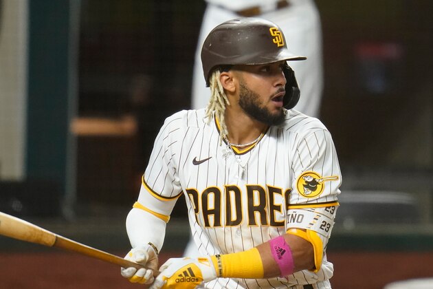 San Diego Padres' Fernando Tatis Jr. bars in Game 3 of a baseball National League Division Series against the Los Angeles Dodgers Thursday, Oct. 8, 2020, in Arlington, Texas. (AP Photo/Sue Ogrocki)