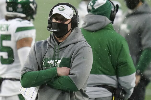 New York Jets head coach Adam Gase watches from the sideline in the second half of an NFL football game against the New England Patriots, Sunday, Jan. 3, 2021, in Foxborough, Mass. (AP Photo/Charles Krupa)