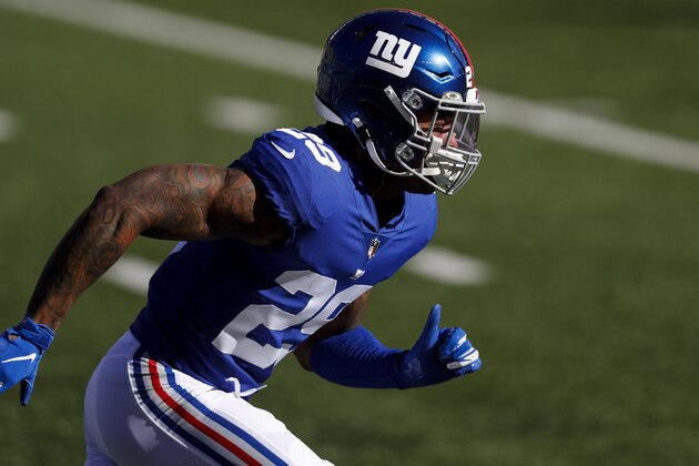 New York Giants safety Xavier McKinney (29) warmups up prior to an NFL football game against the Cincinnati Bengals, Sunday, Nov. 29, 2020, in Cincinnati. The Giants won 19-17. (AP Photo/Aaron Doster)
