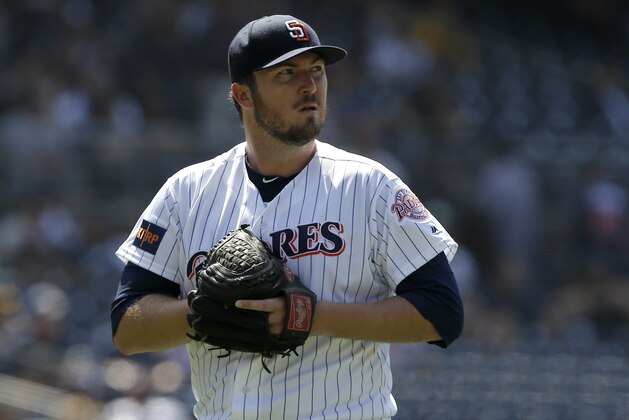 San Diego Padres relief pitcher Phil Hughes walks off the mound during the seventh inning of a baseball game against the Oakland Athletics in San Diego, Wednesday, June 20, 2018. (AP Photo/Alex Gallardo)