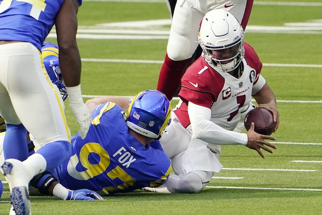 Arizona Cardinals quarterback Kyler Murray is sacked by Los Angeles Rams defensive end Morgan Fox (97) during the first half of an NFL football game Sunday, Jan. 3, 2021, in Inglewood, Calif. (AP Photo/Jae C. Hong)