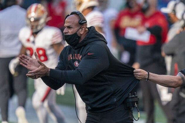San Francisco 49ers defensive coordinator Robert Saleh cheers on his team from the sideline during the first half of an NFL football game against the Seattle Seahawks, Sunday, Nov. 1, 2020, in Seattle. The Seahawks won 37-27. (AP Photo/Stephen Brashear)