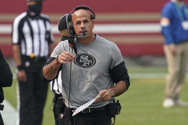 San Francisco 49ers defensive coordinator Robert Saleh against the Arizona Cardinals during an NFL football game in Santa Clara, Calif., Sunday, Sept. 13, 2020. (AP Photo/Tony Avelar)