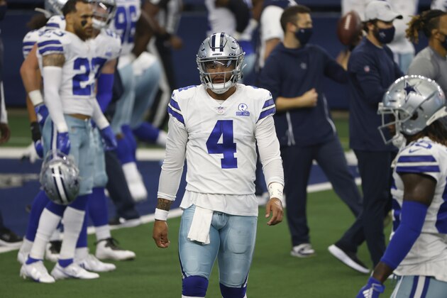 Dallas Cowboys quarterback Dak Prescott (4) looks on before a game against the New York Giants in an NFL football game in Arlington, Texas, Sunday, Oct. 11, 2020. (AP Photo/Ron Jenkins)