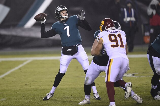 Philadelphia Eagles' Nate Sudfeld plays during the second half of an NFL football game against the Washington Football Team, Sunday, Jan. 3, 2021, in Philadelphia. (AP Photo/Derik Hamilton)