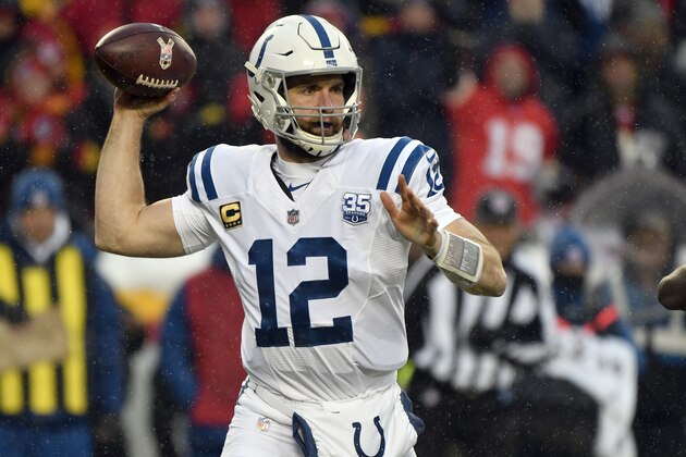 Indianapolis Colts quarterback Andrew Luck (12) throws a pass during the first half of an NFL divisional football playoff game against the Kansas City Chiefs in Kansas City, Mo., Saturday, Jan. 12, 2019. (AP Photo/Ed Zurga)