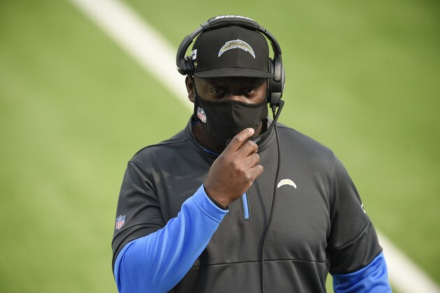 Los Angeles Chargers head coach Anthony Lynn walks back to the sideline before an NFL football game against the Denver Broncos Sunday, Dec. 27, 2020, in Inglewood, Calif. (AP Photo/Kelvin Kuo)