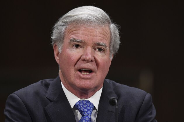 FILE - In this Feb. 11, 2020, file photo, NCAA President Mark Emmert testifies during a Senate Commerce subcommittee hearing on intercollegiate athlete compensation on Capitol Hill in Washington. NCAA President Mark Emmert hopes lessons learned through navigating the pandemic will lead college sports leaders to be more open-minded to future reforms and to prioritize opportunities for athletes when it comes time to cut costs. In a 25-minute phone interview Tuesday, Dec. 8, 2020 with The Associated Press, Emmert said the NCAA and its members schools have shown an uncommon ability to be nimble and responsive in addressing issues of eligibility, scheduling, recruiting, transfers, and conducting championship events.. (AP Photo/Susan Walsh, File)