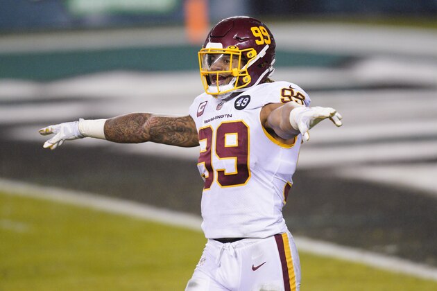 Washington Football Team's Chase Young reacts during the second half of an NFL football game against the Philadelphia Eagles, Sunday, Jan. 3, 2021, in Philadelphia. (AP Photo/Chris Szagola)