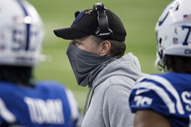 Indianapolis Colts defensive coordinator Matt Eberflus on the sidelines during an NFL football game against the Houston Texans on Sunday, Dec. 20, 2020, in Indianapolis. (AP Photo/Zach Bolinger)