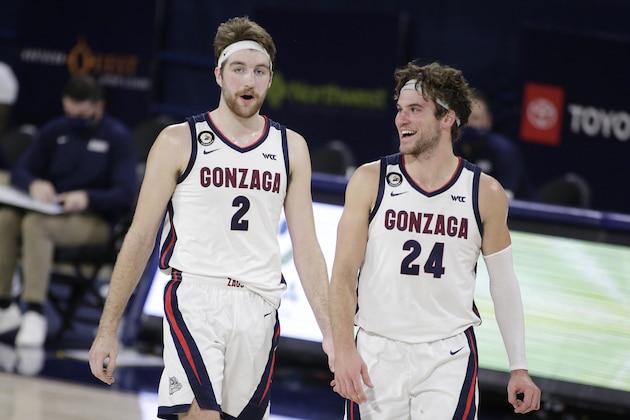 Gonzaga forward Drew Timme (2) and forward Corey Kispert (24) walk not he court during the second half of an NCAA college basketball game against San Francisco in Spokane, Wash., Saturday, Jan. 2, 2021. (AP Photo/Young Kwak)