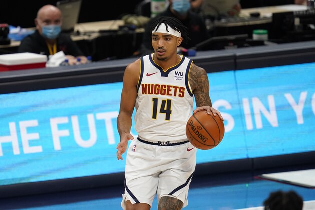 Denver Nuggets guard Gary Harris (14) in the first half of an NBA basketball game Monday, Dec. 28, 2020, in Denver. (AP Photo/David Zalubowski)