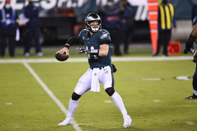 Philadelphia Eagles' Carson Wentz passes during the first half of an NFL football game against the Seattle Seahawks, Monday, Nov. 30, 2020, in Philadelphia. (AP Photo/Derik Hamilton)