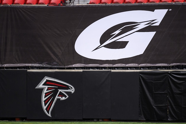 A Gatorade logo banner covers the seats before an NFL football game between the Atlanta Falcons and the Seattle Seahawks, Sunday, Sept. 13, 2020, in Atlanta. The Seattle Seahawks won 38-25. (AP Photo/Danny Karnik)