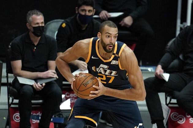 Utah Jazz center Rudy Gobert (27) during the second half of an NBA preseason basketball game against the Los Angeles Clippers Thursday, Dec. 17, 2020, in Los Angeles. (AP Photo/Marcio Jose Sanchez)